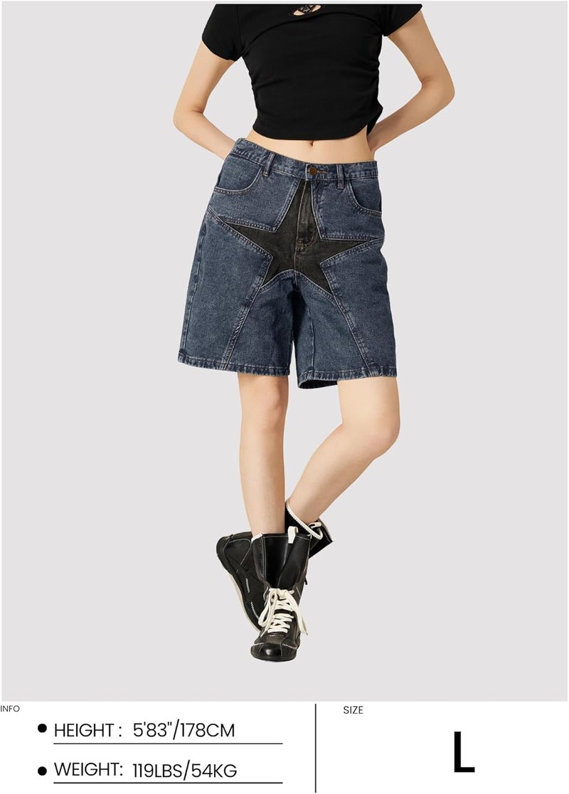 Vamtac Mens Patchwork Denim Shorts Straight Leg Star Jeans Unisex Steetwear Y2K Hip Hop Jorts for Women - Image 2
